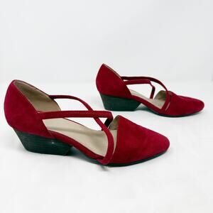 [Eileen Fisher] Red Suede Leather Poet Crisscross Straps Block Heel Pumps Sz 8.5